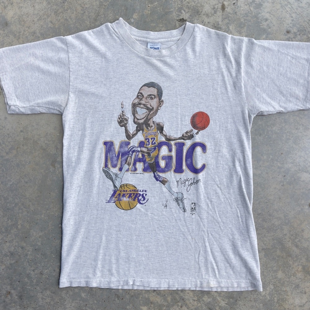 Salem Sportswear Magic Johnson Lakers T-Shirt Mens Large Grey Vintage Caricature